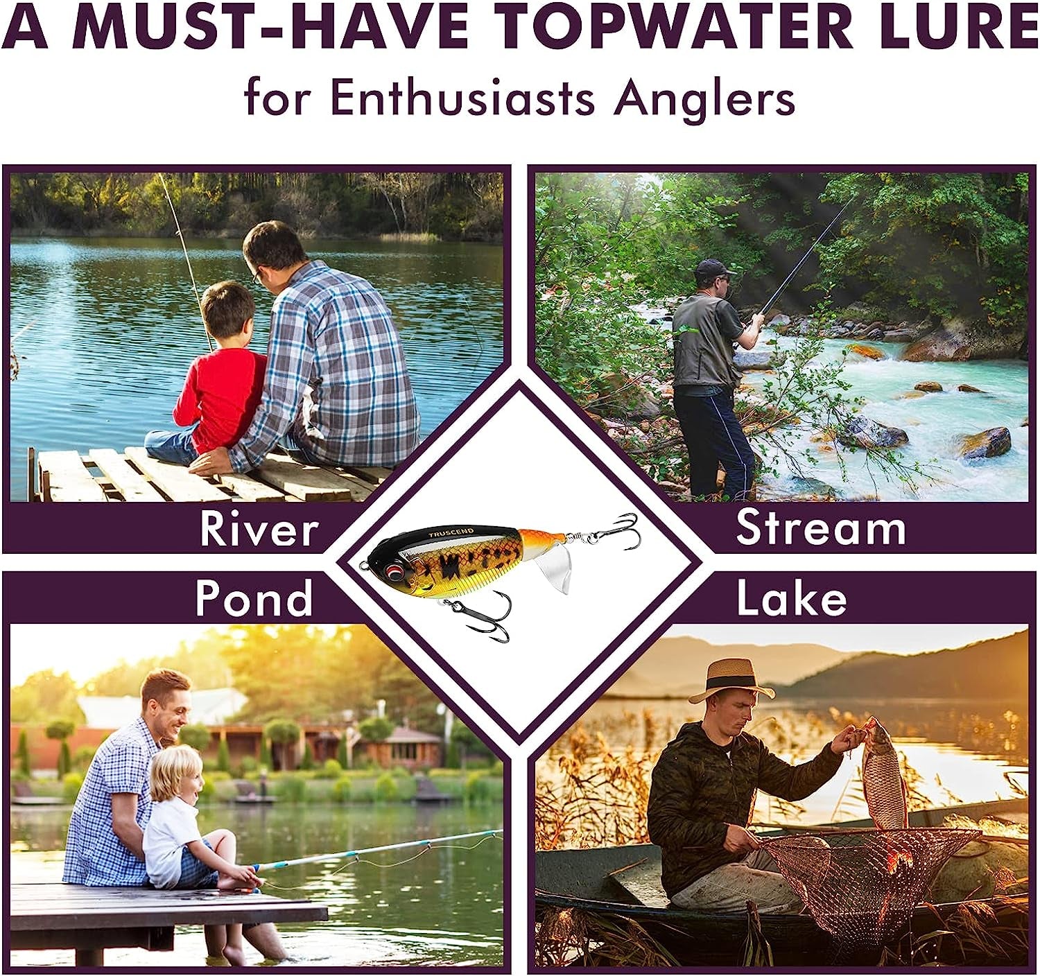 Popobait Easy Catch Fishing Lures with BKK Hooks, Instant Startup, Longer Cast, Balanced Spray/Sound/Swim, Plopper Topwater Lures for Bass, Trout, Pike, Walleye, Freshwater Saltwater Fishing