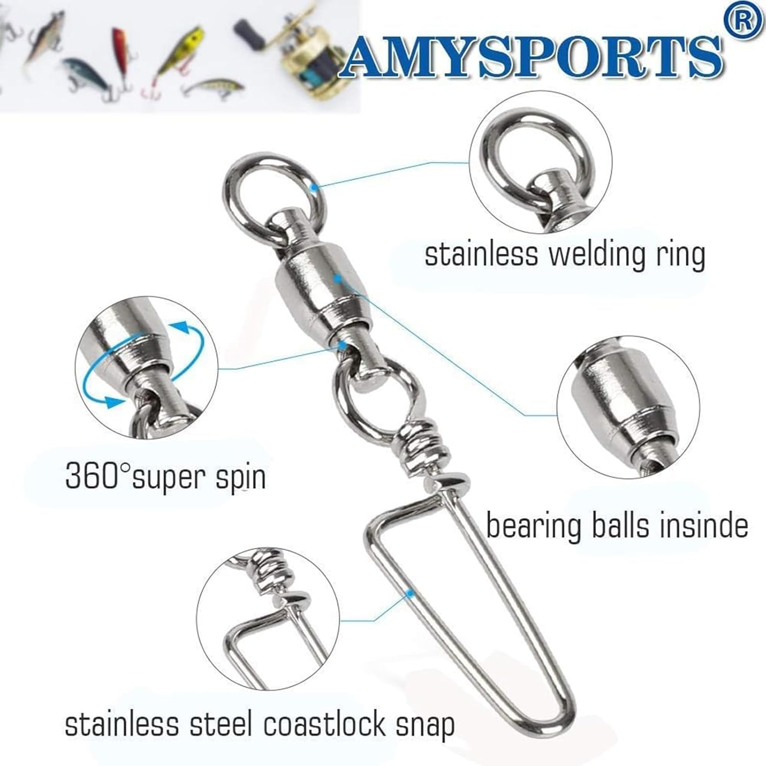 High Strength Fishing Snap Swivels - Stainless Steel Ball Bearing Swivels - Saltwater & Freshwater Fishing