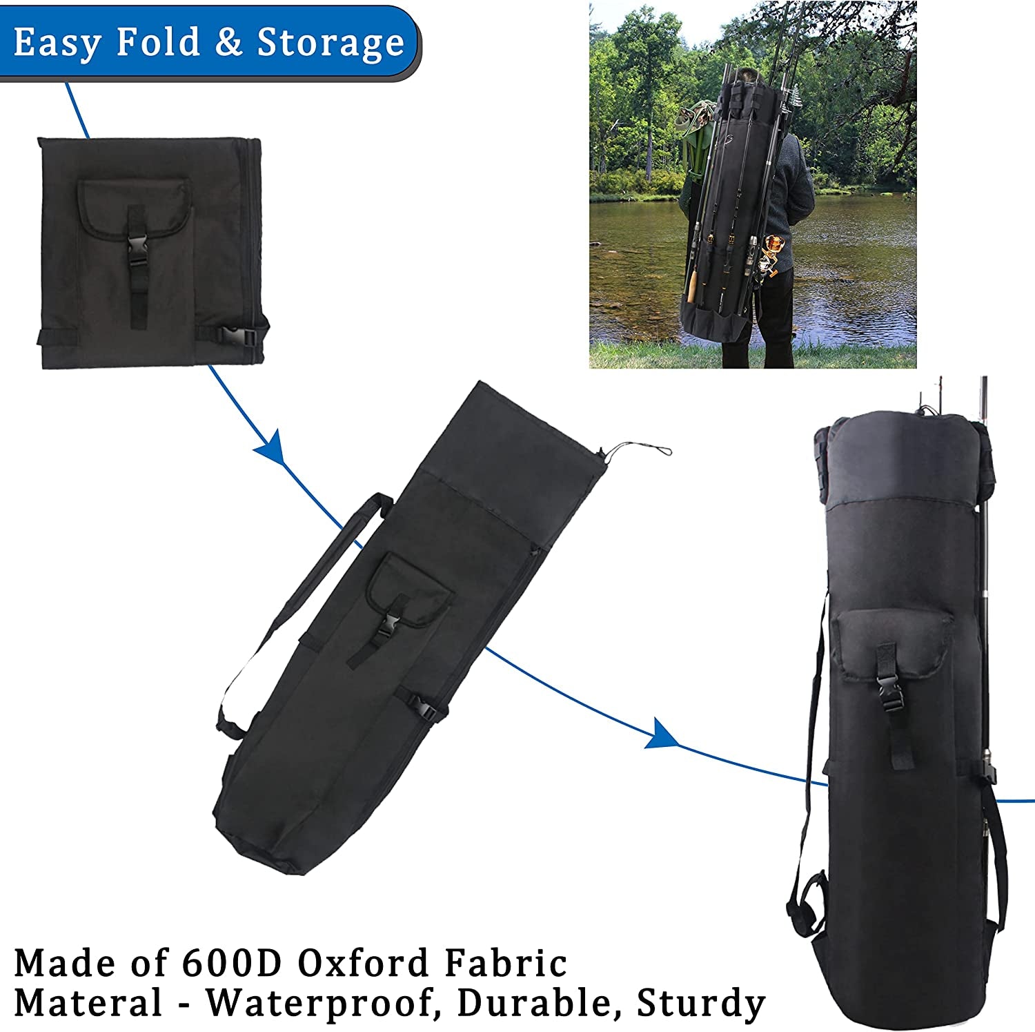 Fishing Pole Bag with Rod Holder Fishing Rod Bag, 5 Rod & Reel Organizer Bag Waterproof Large Capacity Fishing Tackle Storage Bag Travel Carry Case Fishing Gifts for Men